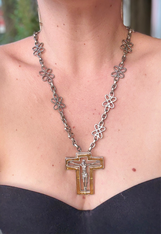 Collar Cristo Plata 925 y Ámbar de primera