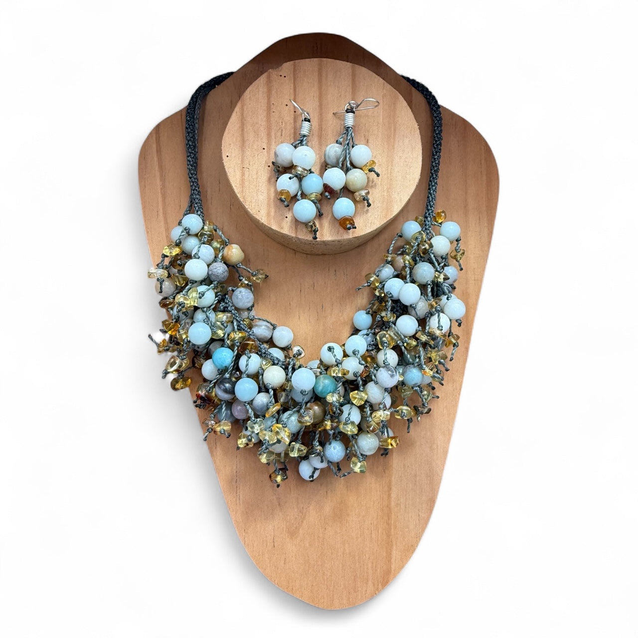 Juego Collar y Aretes de Ámbar y Amazonita