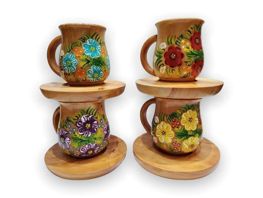Taza de Madera con Platos Pintadas Mexicanas