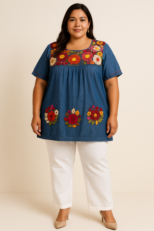 Blusa de mezclilla bordada a mano talla XXL modelo Macarena