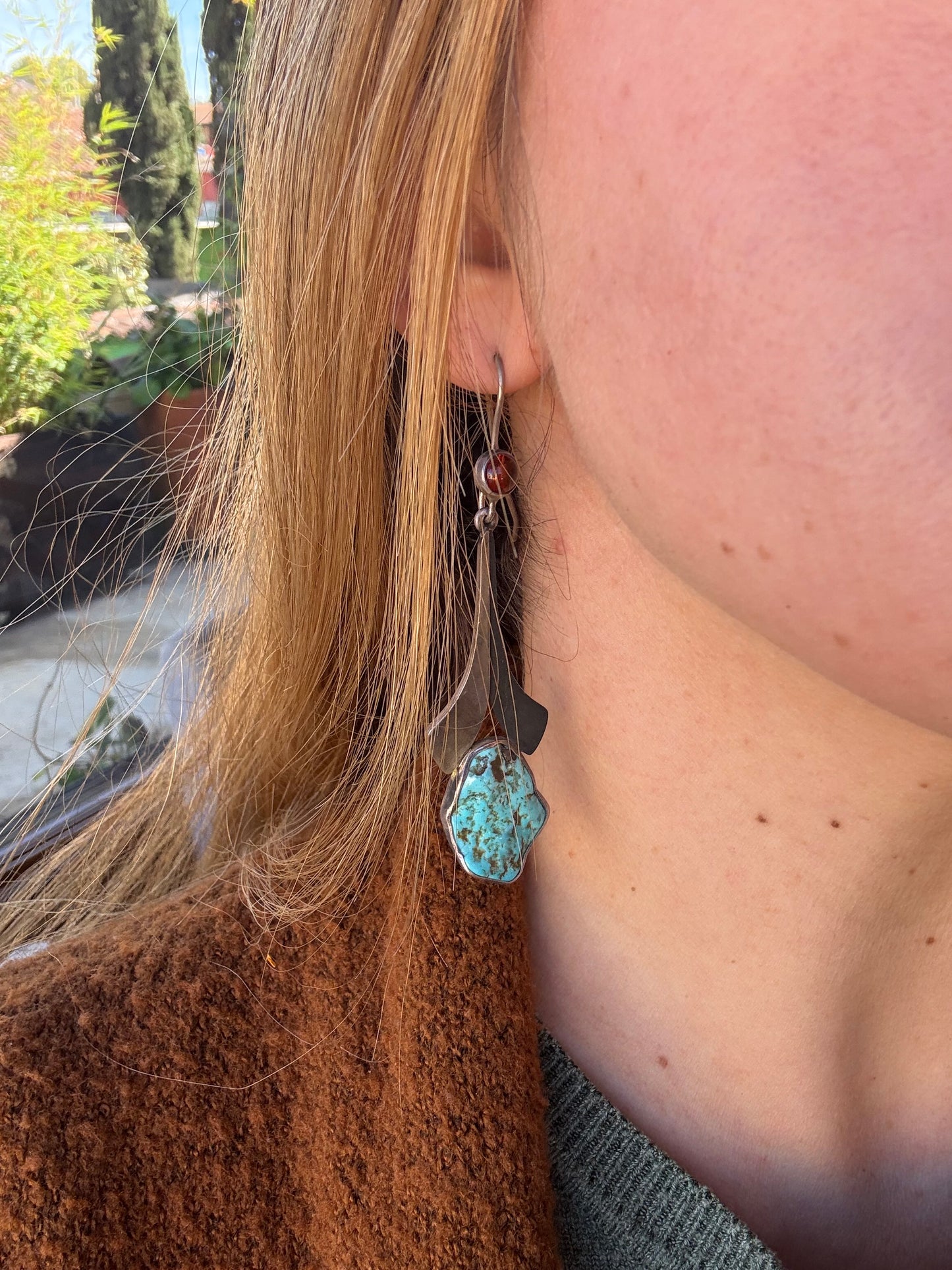 Arete de Plata 950 y Turquesa Natural y ámbar de primera