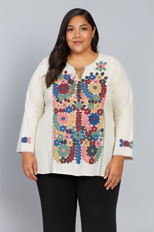 Blusa de manta bordada a mano talla XXL modelo Hortensia