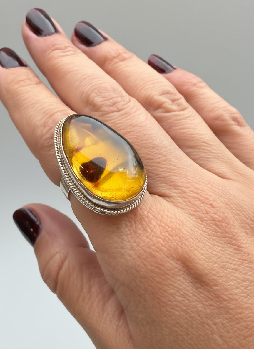 Anillo ajustable de Plata 925 y Ámbar de primera