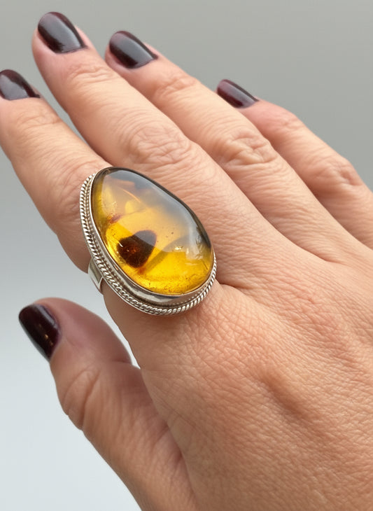 Anillo ajustable de Plata 925 y Ámbar de primera