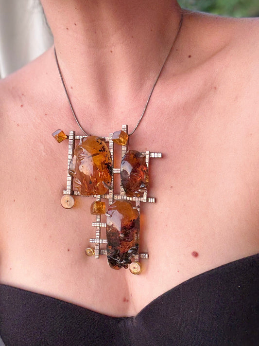 Collar Caras Mayas Plata 925 y Ámbar de primera