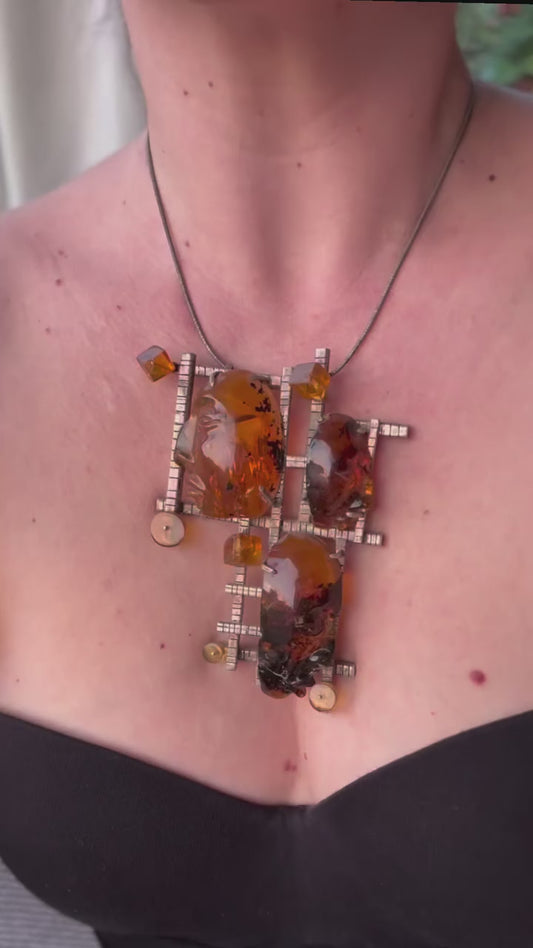 Collar Caras Mayas Plata 925 y Ámbar de primera