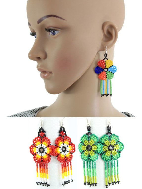 Aretes Mexicanos de Chaquira modelo Flor Largo