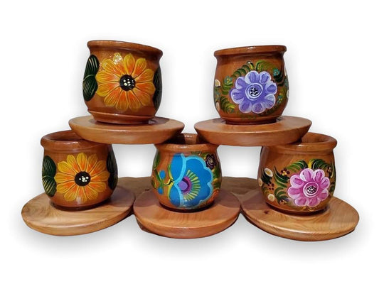 Taza de Madera con Platos Pintadas Mexicanas