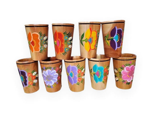LOTE DE 4 Vasos Tequileros Chicos de Madera Pintados Mexicanos